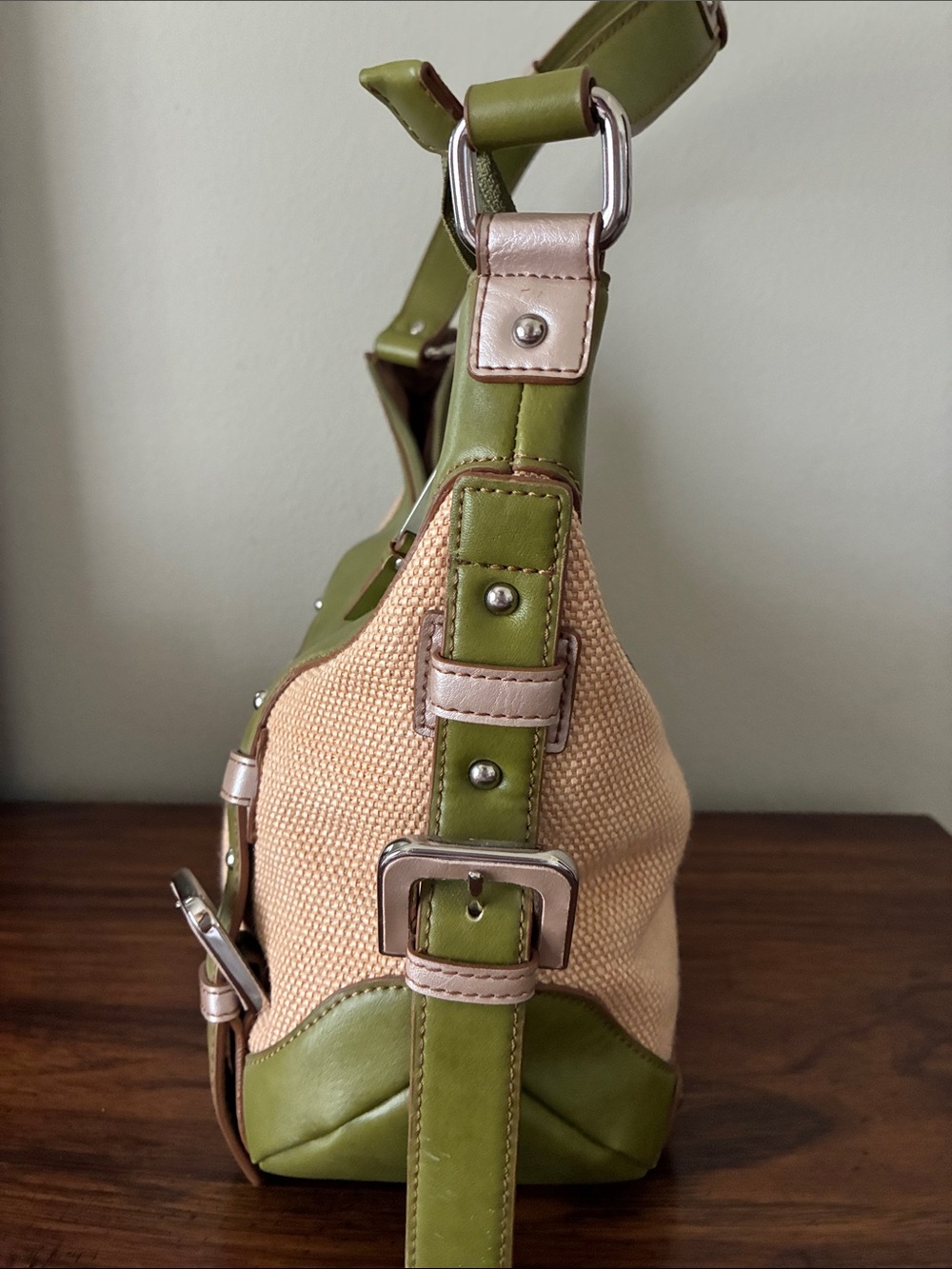 Etienne Aigner Green Manmade Leather and Beige Textile Woven Shoulder Bag -EUC - Picture 5 of 13